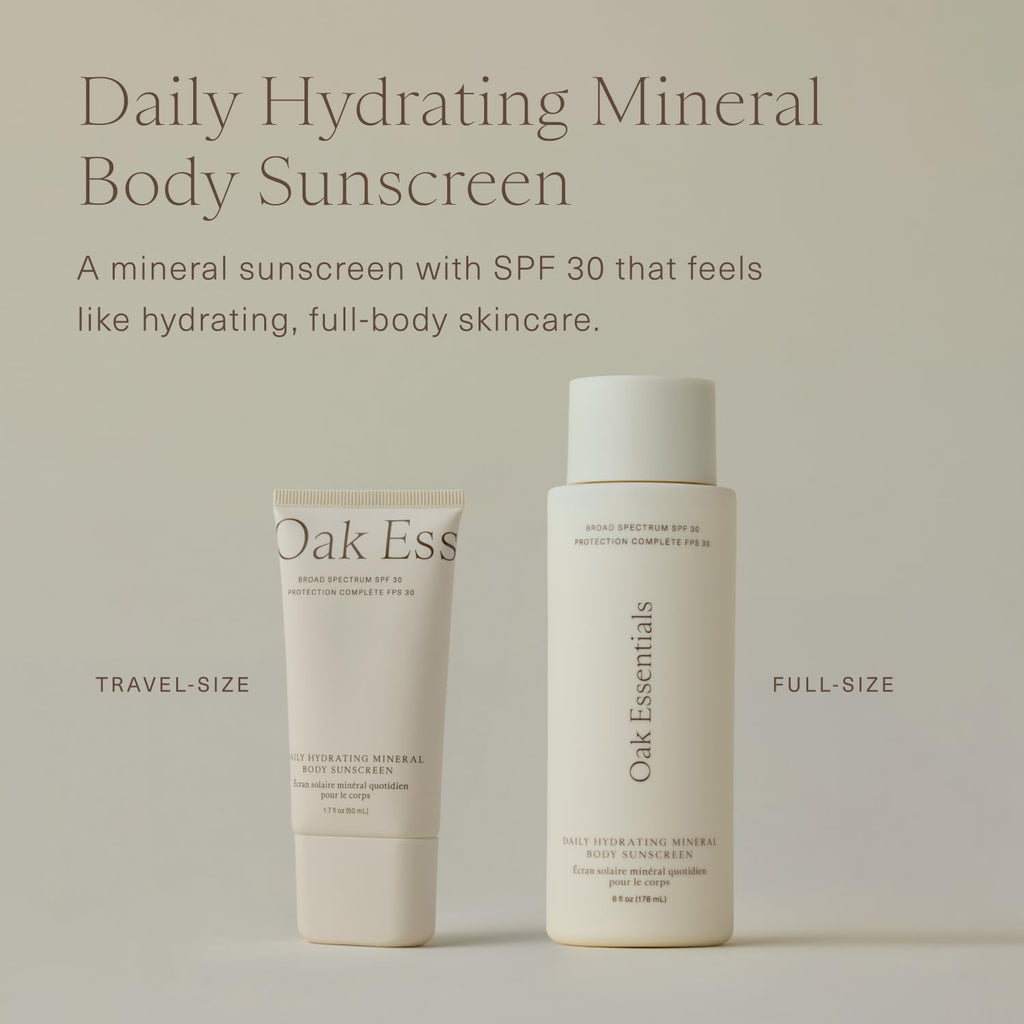 Oak Essentials Daily Hydrating Mineral Body Sunscreen SPF 30, Broad Spectrum 11% Non-Nano Zinc Oxide Sunblock, Lightweight Mineral Sunscreen for Dry Skin, Fast-Absorbing, Non-Greasy Finish