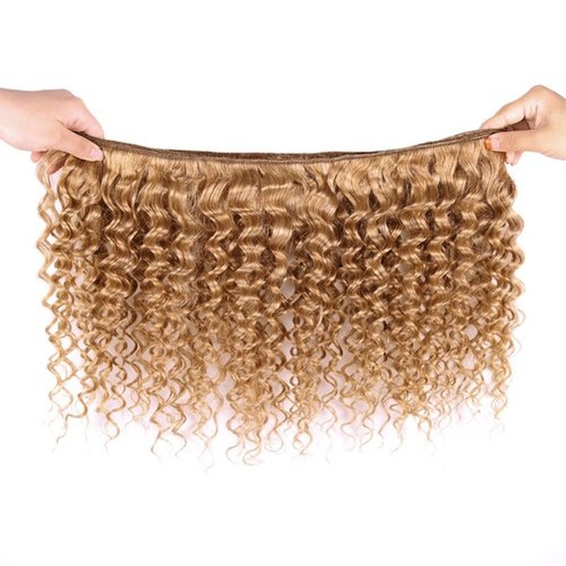 Color 27 Deep Wave Bundles Honey Blonde Human Hair 3 Bundles Brazilian 100% Unprocessed Virgin Extensions Double Weft Bundle 14 16 18 Inch