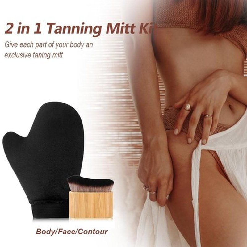 Skiennix 2-in-1 Tanning Mitts - Self Tanner Applicator & Brush Kit for Lotion, Sunless, Body & Face