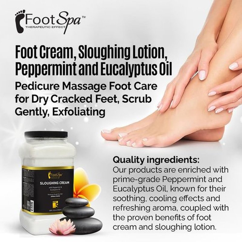 FootSpa - Foot Cream, Sloughing Lotion, Peppermint and Eucalyptus Oil, 128 Oz - Pedicure Massage Foot Care for Dry Cracked Feet, Scrub Gently, Exfoliating