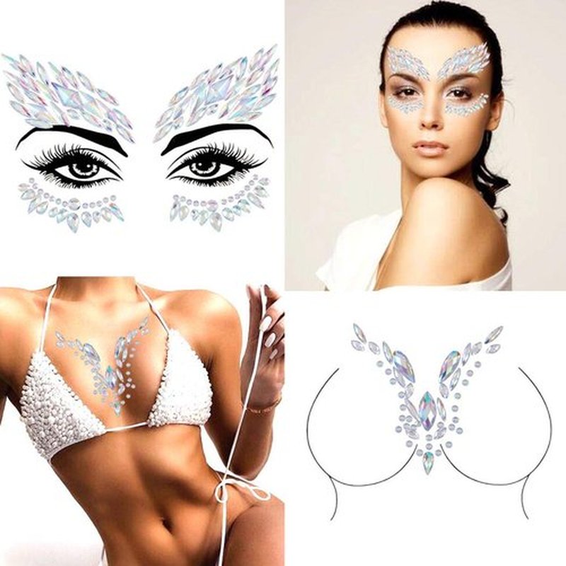 Blindery Rhinestone Face Jewels Rave Festival Gem Mermaid Chest Gem Crystal Eyes Stickers for Women and Girls 2PCS
