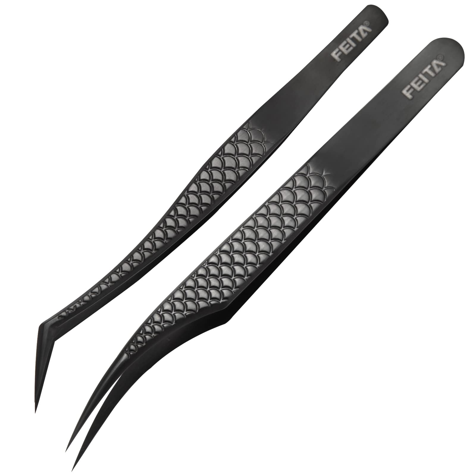 FEITA Diamond Grip Eyelash Extensions Tweezer Lash Precision Tweezers, Japanese Steel Dolphin-shaped & Angled Tip, False Lashes Application Tools, Black 2Pcs