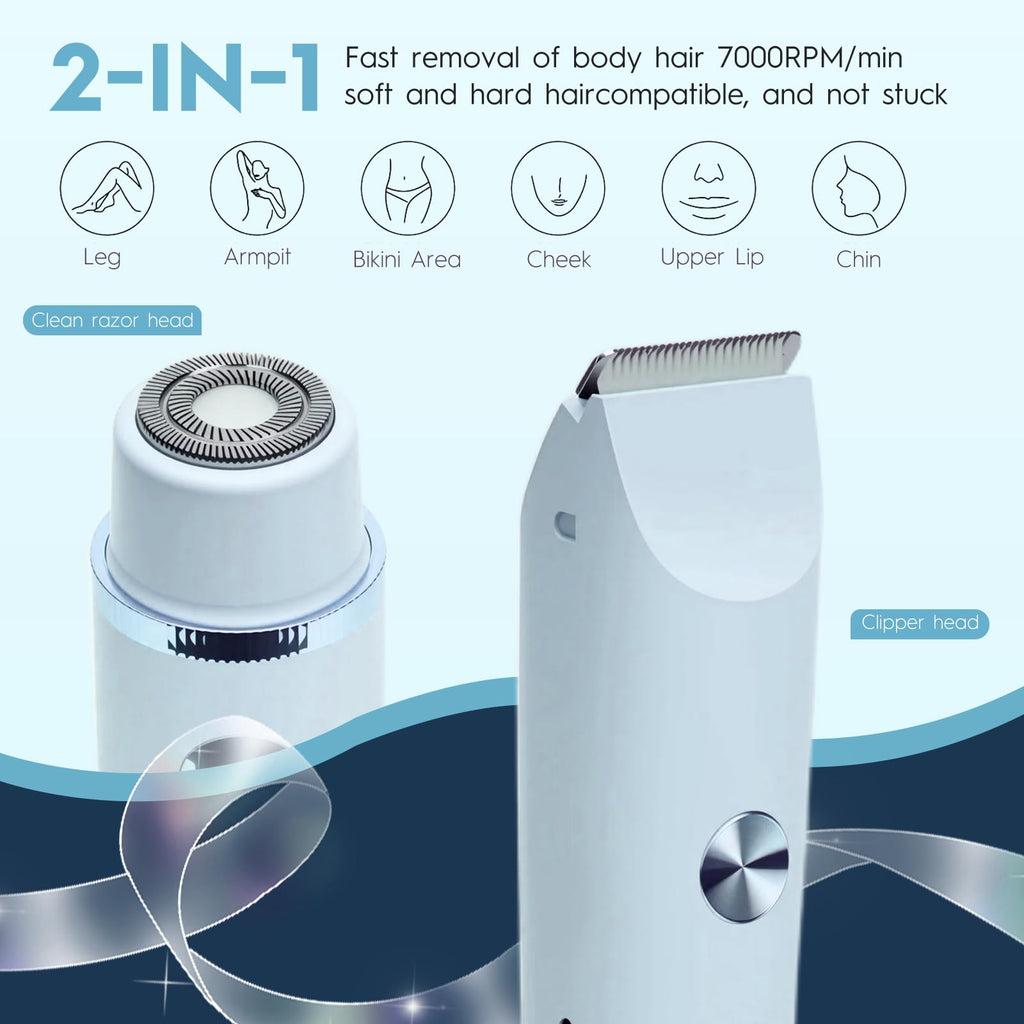 Bikini Trimmer for Women | 2-in-1 Painless Electric Razor & Hair Removal Device | IPX7 Waterproof Shaver for Pubic, Face, Legs, Underarms | Cordless Rechargeable Electric Shaver for Women & Men
