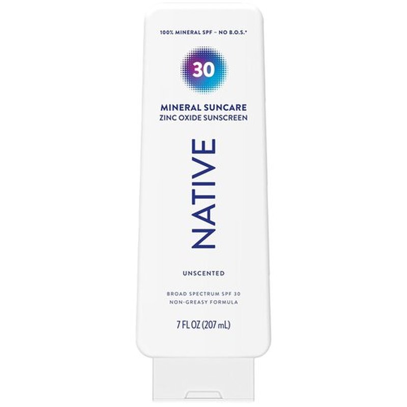 Native Mineral Sunscreen Lotion SPF 30 - Unscented, 100% Mineral Zinc Oxide, Vegan, 7 oz