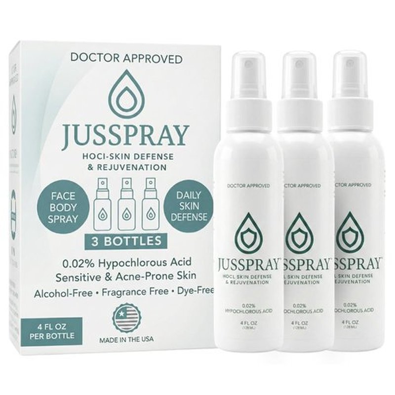 JusSpray™ Hypochlorous Acid Spray for Face and Skin | HOCI Facial Cleanser Mist | 4 oz Hypochlorous Acid for Face, Skin, Acne, Eczema, Body Acne Sprays, Piercing Aftercare, Wound Solution
