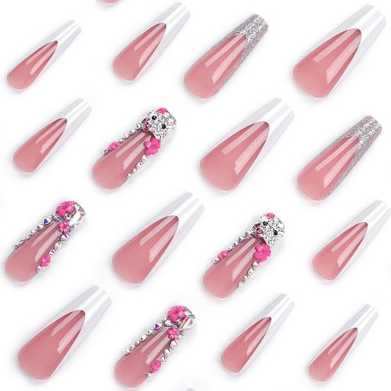 24Pcs Christmas Artifical Acrylic Nails - Reusable Coffin Gold Sequins Charm Rhinestone Design Square Fake Nails Gradient Full Cover Glue on Nails for Women