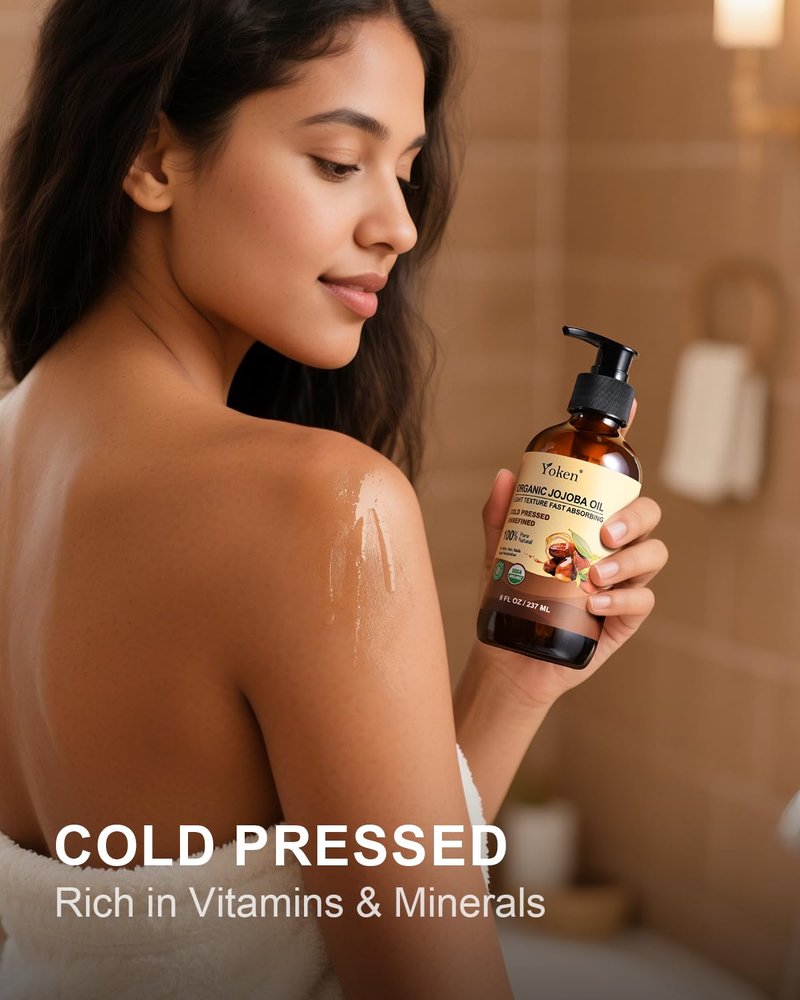 Yoken Organic Jojoba Oil - 100% Pure & Natural Cold Pressed Oil | 8 fl oz Glass Bottle for Hair, Skin & Face