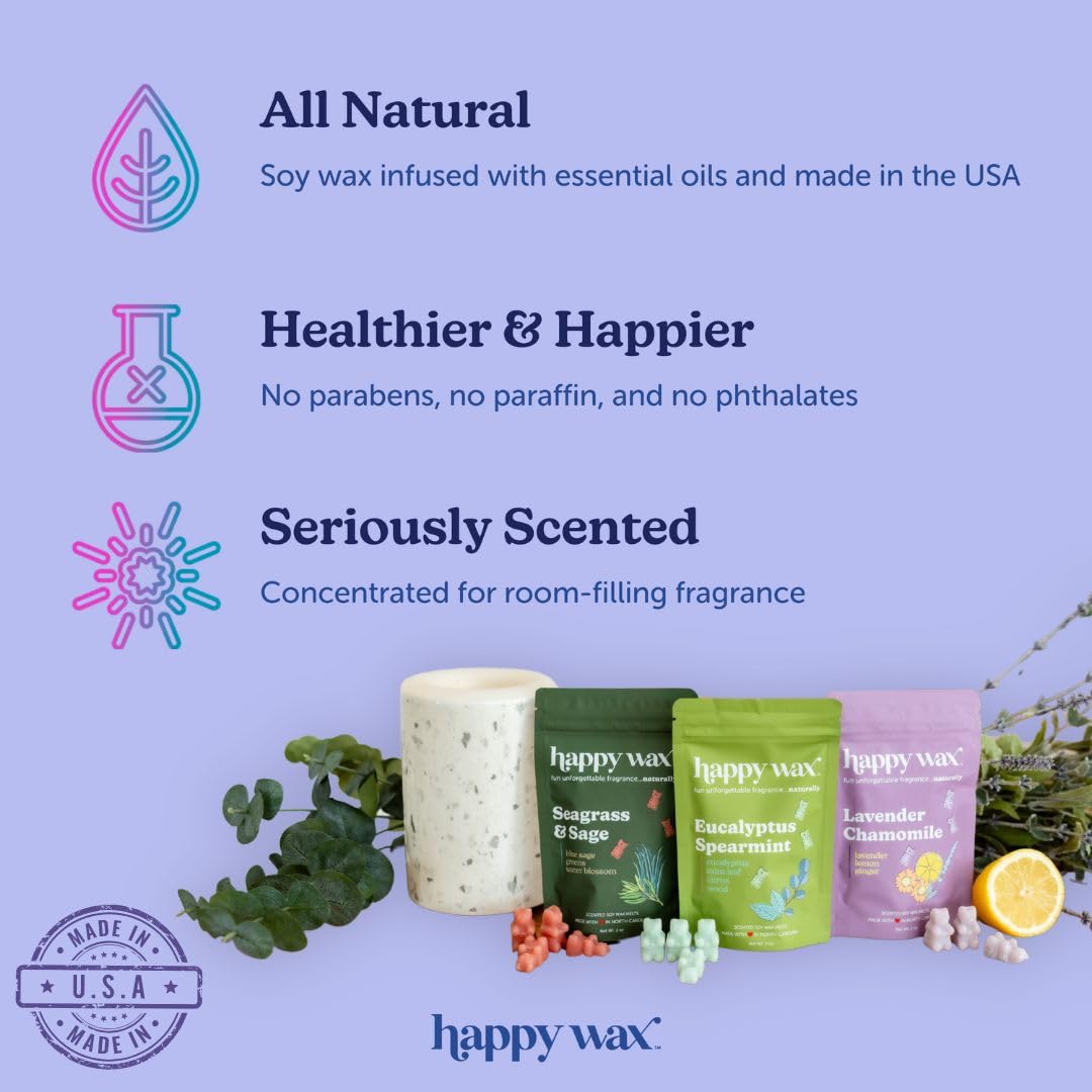 Happy Wax Odor Eliminating Scented Soy Wax Melts – Pet-Safe, Non-Toxic, Use with Wax Warmers - for Home Fragrance & Freshness - 6 Total Oz: Oatmeal & Honey, Pomegranate Citrus and Blooming Vanilla