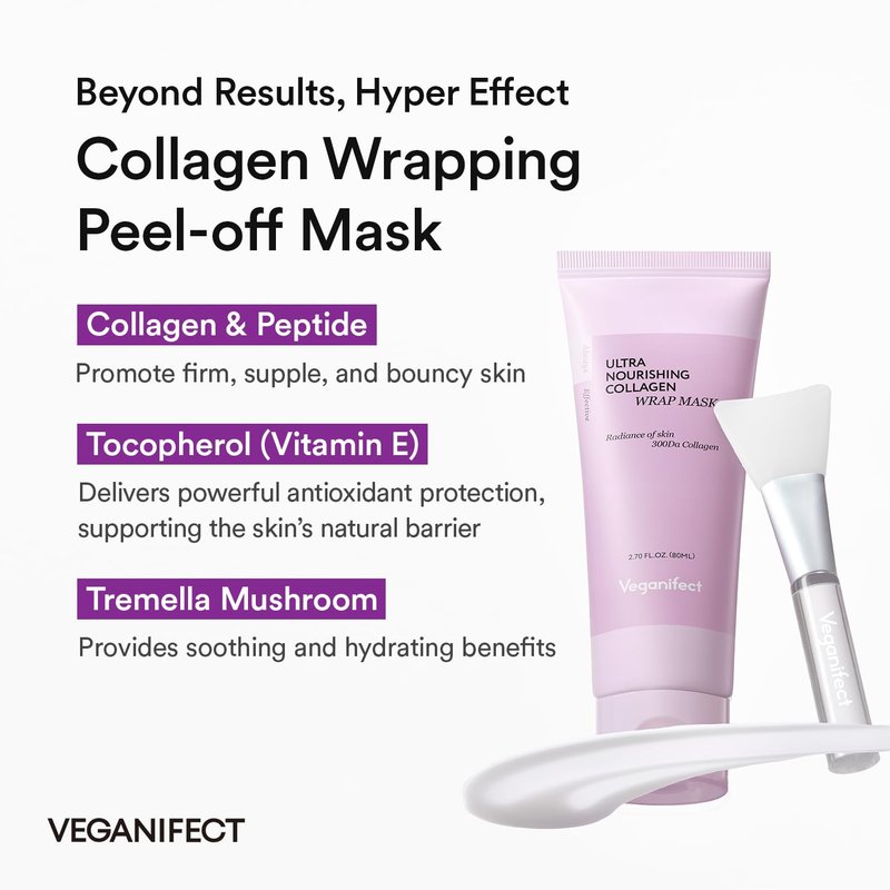 VEGANIFECT Collagen Wrapping Peel Off Facial Cream Mask with Jelly Brush, For Elasticity, Hydrating, Hydrolyzed Collagen & Peptide, Glass Skin, Korean Skincare, 2.73 Fl Oz