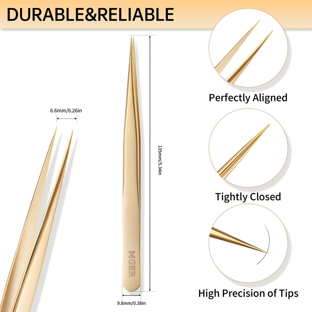 MGER Isolation Tweezers for Eyelash Extensions - Straight & Pointed Isolation Tweezers for Individual Lashes, Effortless Application with Precision Tweezers, Gold