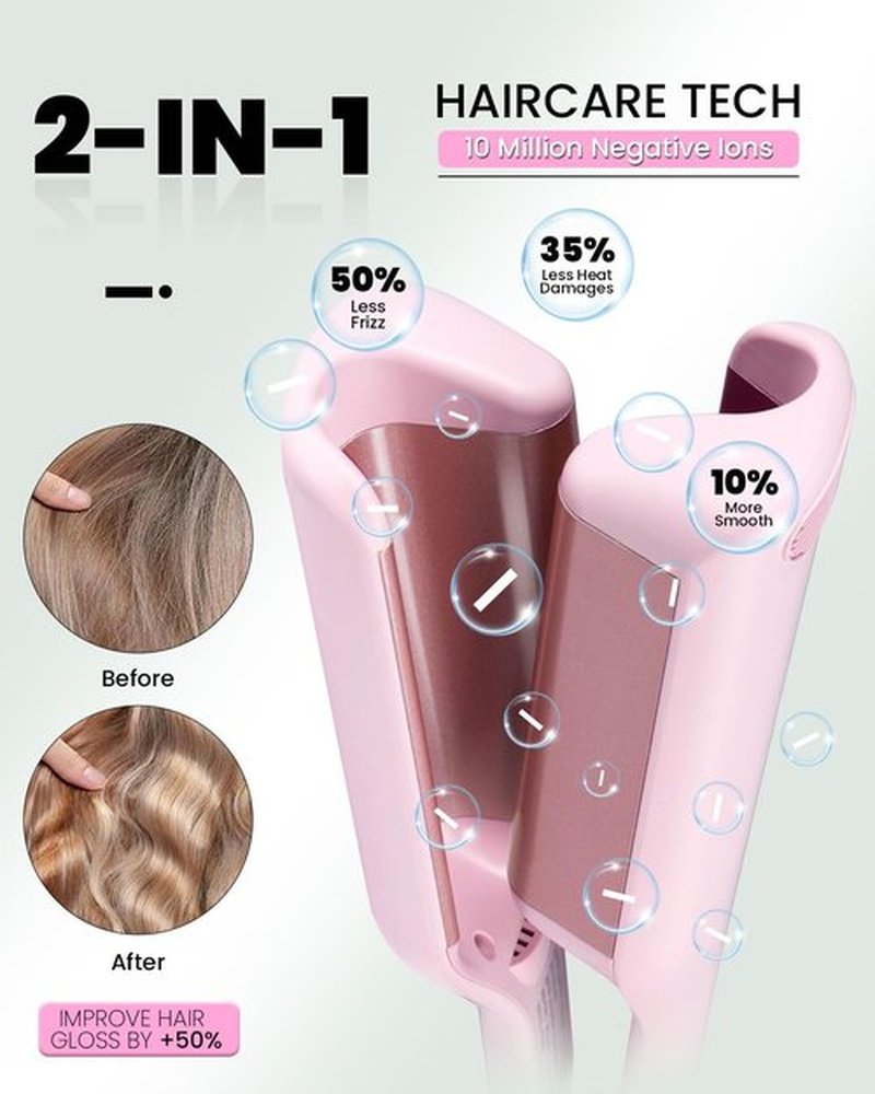 1 1/4 Inch Hair Waver Crimper,Cimper Tool Hair Crimper Waver,Deep Wave Iron with 2 Ceramic Barrel,Pink