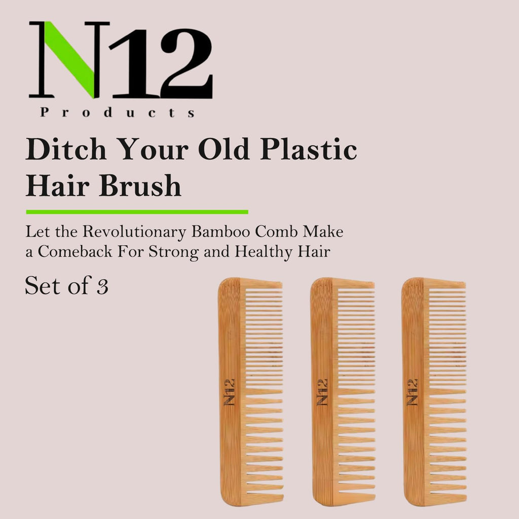 N12 Set of 3 Handmade Natural Bamboo Wooden Comb with Fine Wide Tooth, 17.5 cm - Eco-Friendly Anti-Frizz Detangler for Straight, Wavy, Curly Hair of Women, Men, Wood Birth Comb for Labour Pain