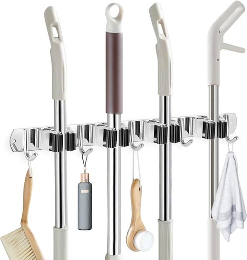IMILLET Wall Mounted Broom Holder - Heavy Duty Stainless Steel Mop Organizer | 4 Racks & 5 Hooks