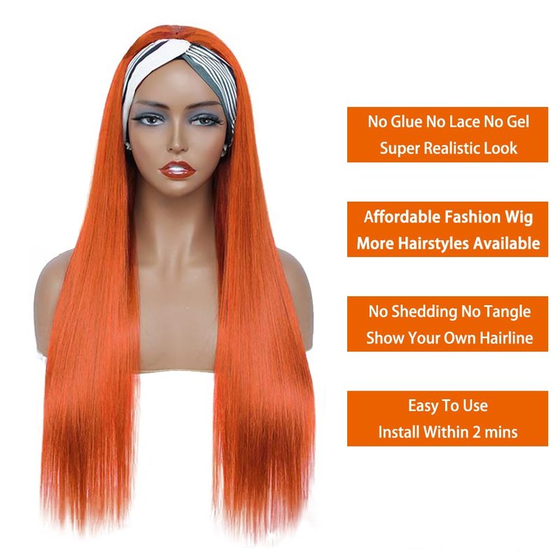 YiweYowe 26 Inch #350 Orange Headband Wig Human Hair 150% Density Grade 8A Unprocessed Brazilian Virgin Hairs Machine Made Orange Straight Headband Wig Human Hair None Lace Front Wig