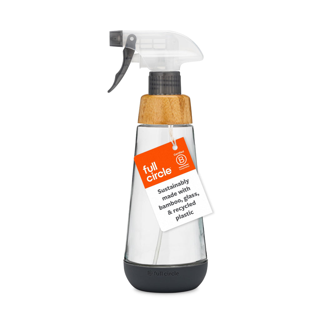 Full Circle Refill-Ready Glass Spray Bottle - Refillable Glass Spray Bottle for Cleaning - Versatile Stream & Mist Options, Bamboo, Silicone Boot-Ideal for Non-Toxic Solutions & Plant Care, 16oz, Gray