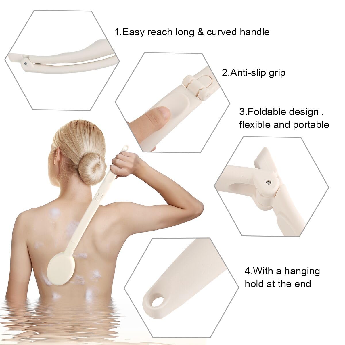 LFJ 19" Long Handle Shower Sponge Brush Set, 3 in 1 Body Brush, Bath Sponge and Lotion Applicator Improved Skin Health, Suitable for Men and Women (White Brush with pumice-1P)