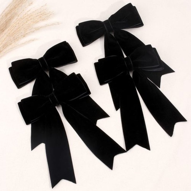 NCMAMA 4PCS Velvet Hair Bows for Girls, Black Hair Bow Clips Ponytail Long Ribbon Bows Hair Accessories for Women Girls Toddlers Infant (Black)