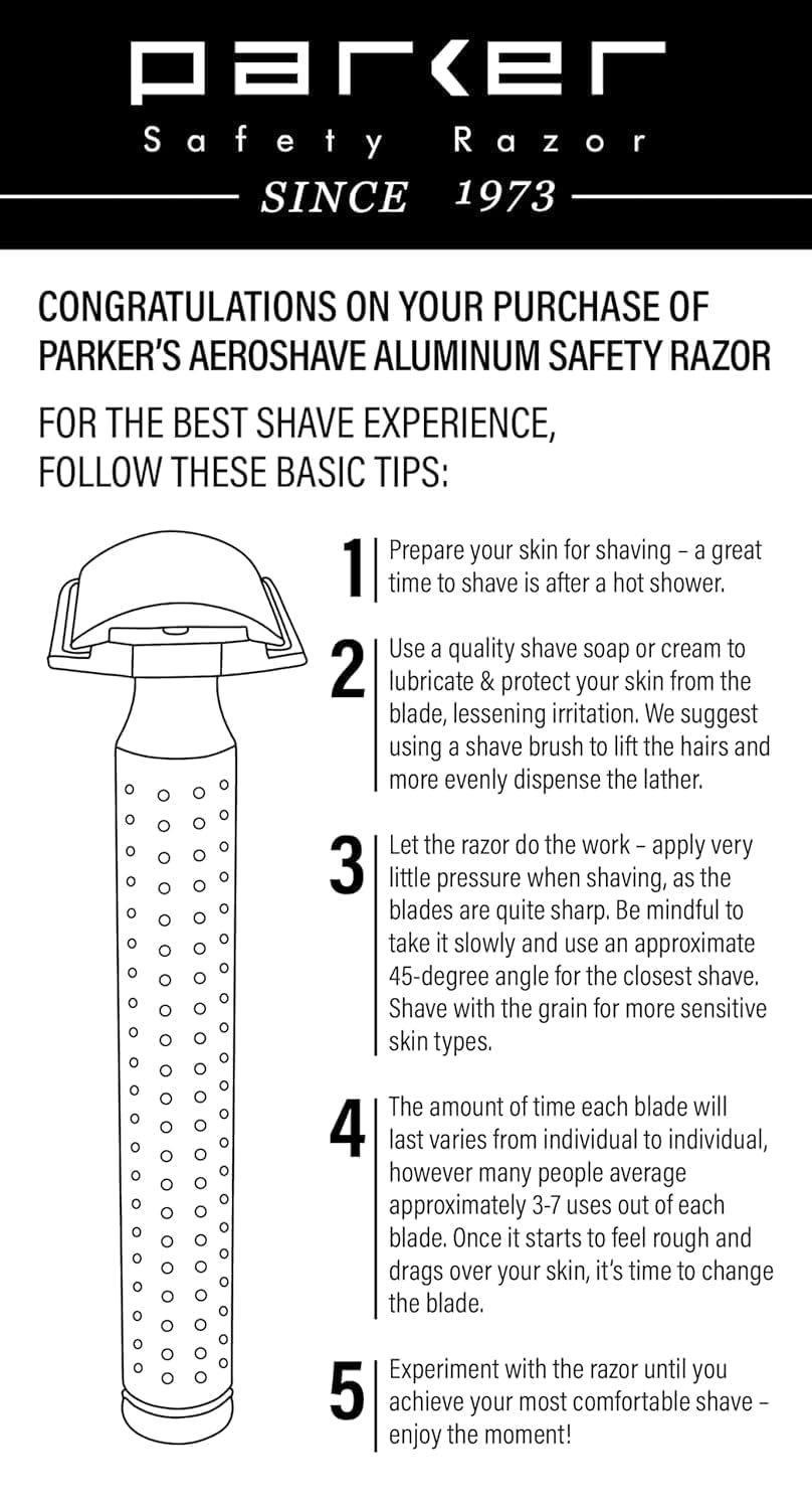 Parker Safety Razor - The AeroShave XL, Long Handle-CNC Aluminum Double Edge Safety Razor & 5 Blades,- Precision Blade Exposure for a Comfortable Shave, For Men & Women. Mild Aggression