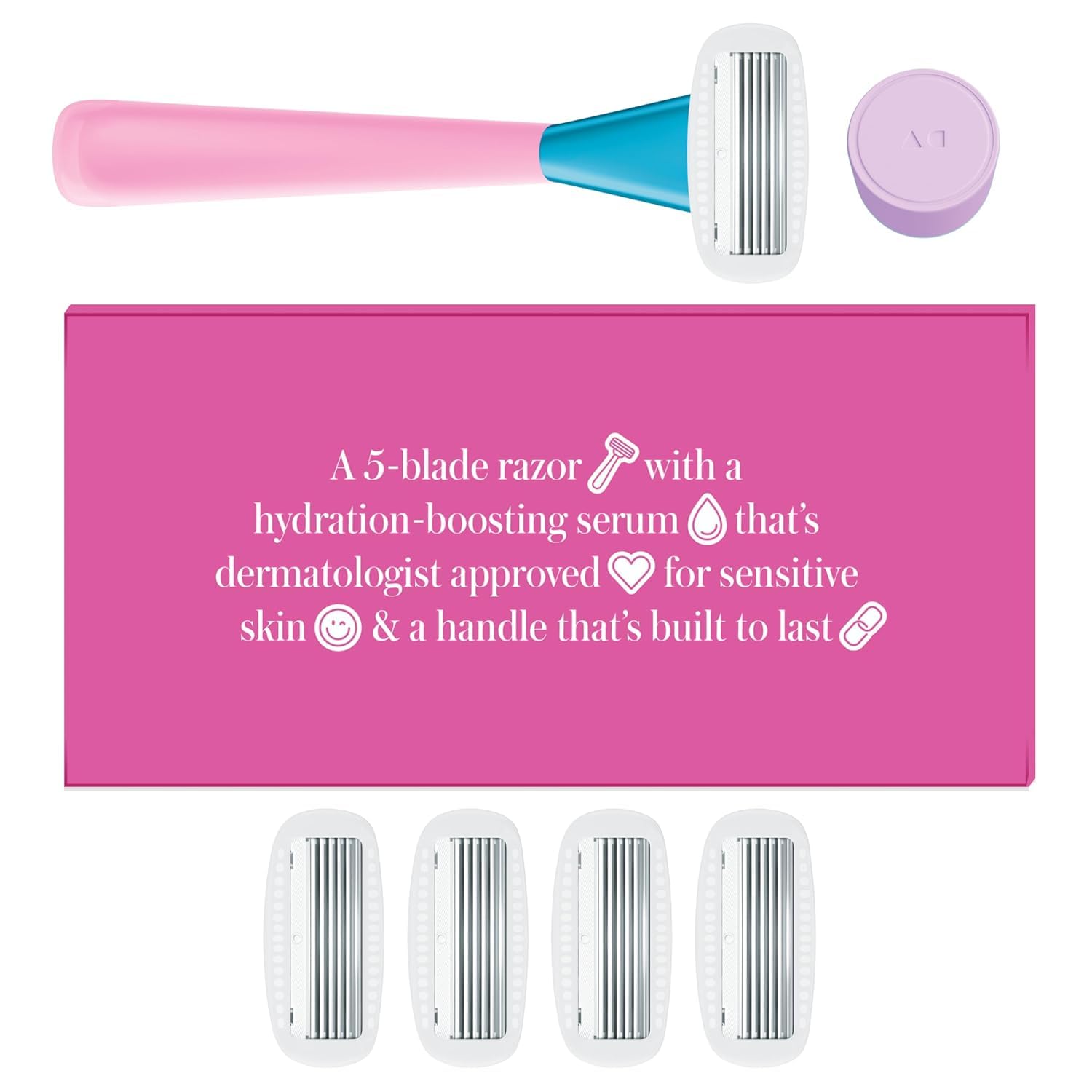 Athena Club Women’s Razor Kit, 5-Blade Cartridge Razor for Sensitive Skin, Serum-Infused Blades with Shea Butter and Hyaluronic Acid, Includes Handle, 5 Refills and Magnetic Shower Hook - Pool Party