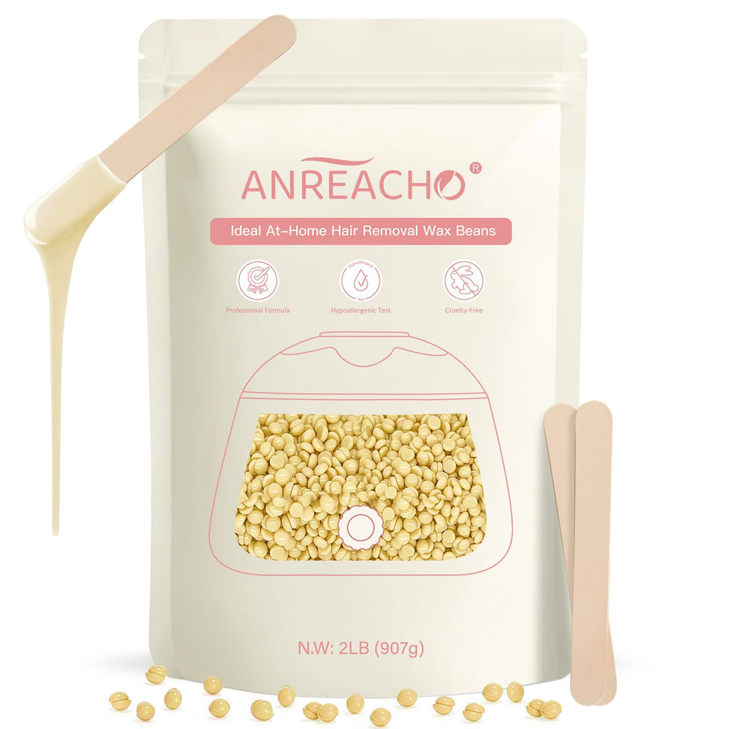 Anreacho Hard Wax Beads for Hair Removal, 2lb Waxing Beans for Coarse Hair, Home Wax Refill Bag for Brazilian, Bikini, Face, Underarms with 10 Wax Spatulas