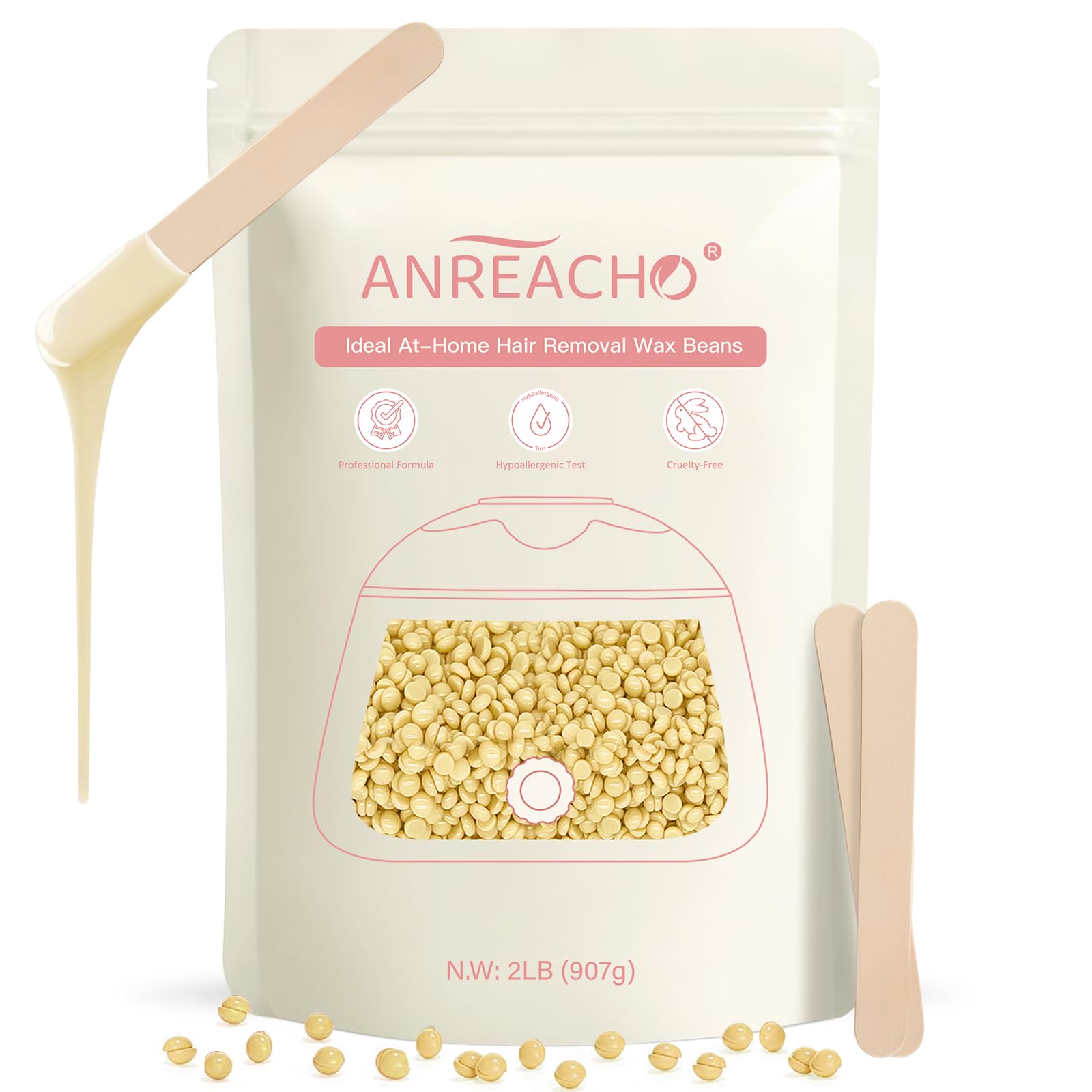 Anreacho Hard Wax Beads for Hair Removal, 2lb Waxing Beans for Coarse Hair, Home Wax Refill Bag for Brazilian, Bikini, Face, Underarms with 10 Wax Spatulas