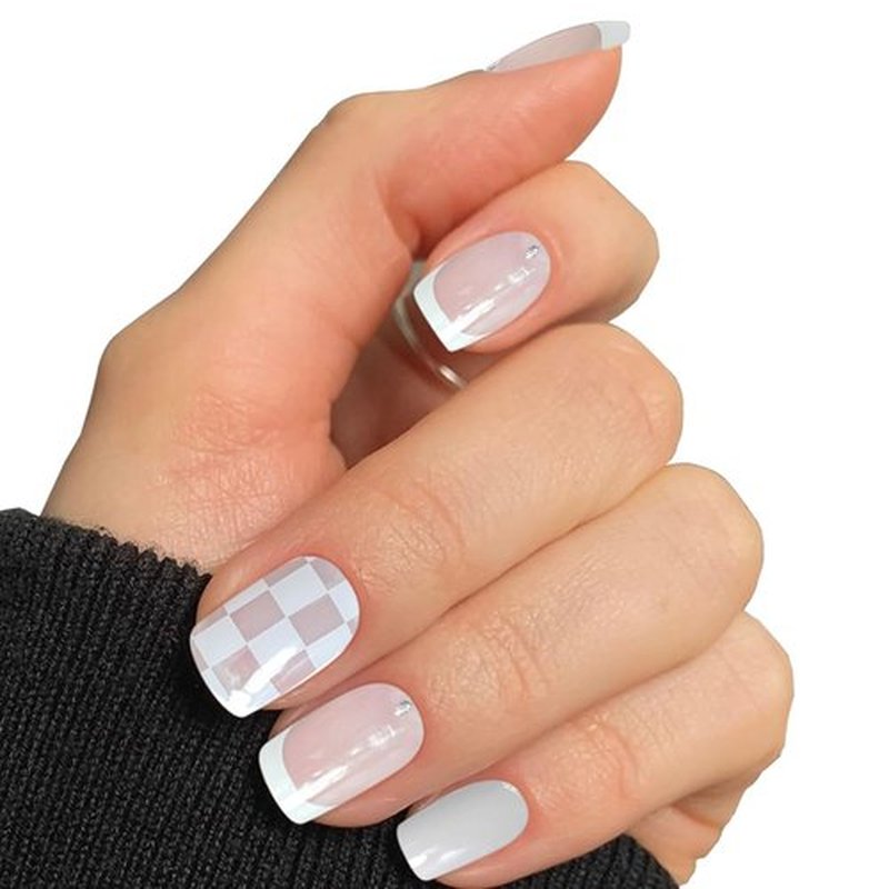 CHOOSE-IT Semi Cured Gel Nail Strips (Checkboard French) Full Nail Wraps for Party 20 Pcs Long Lasting Salon-Quality DIY Manicure at Home UV Lamp Required