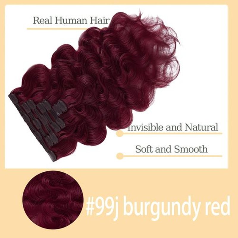 99J Clip in Hair Extensions Human Hair 12 Inch Burgundy Body Wave Clip in Seamless Extensions Human Hair Skin Weft Seamless Invisible Unprocessed Brazilian Virgin Remy Hair 120g