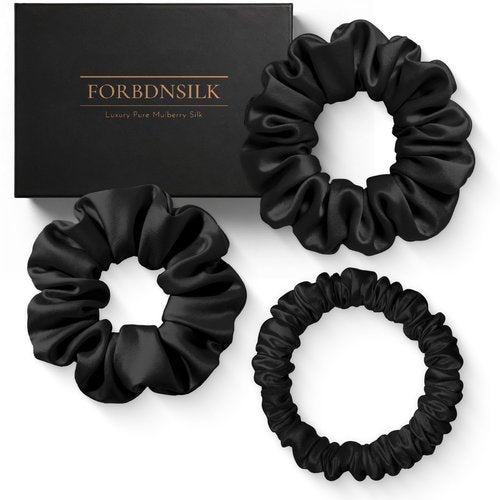 FORBDNSILK 100% Pure 22 Momme Mulberry Silk Scrunchies (Set of 3) | Highest grade (6A) Luxury Hair Ties| (Black,White,Pink) | (Black, Standard/Small/Skinny)