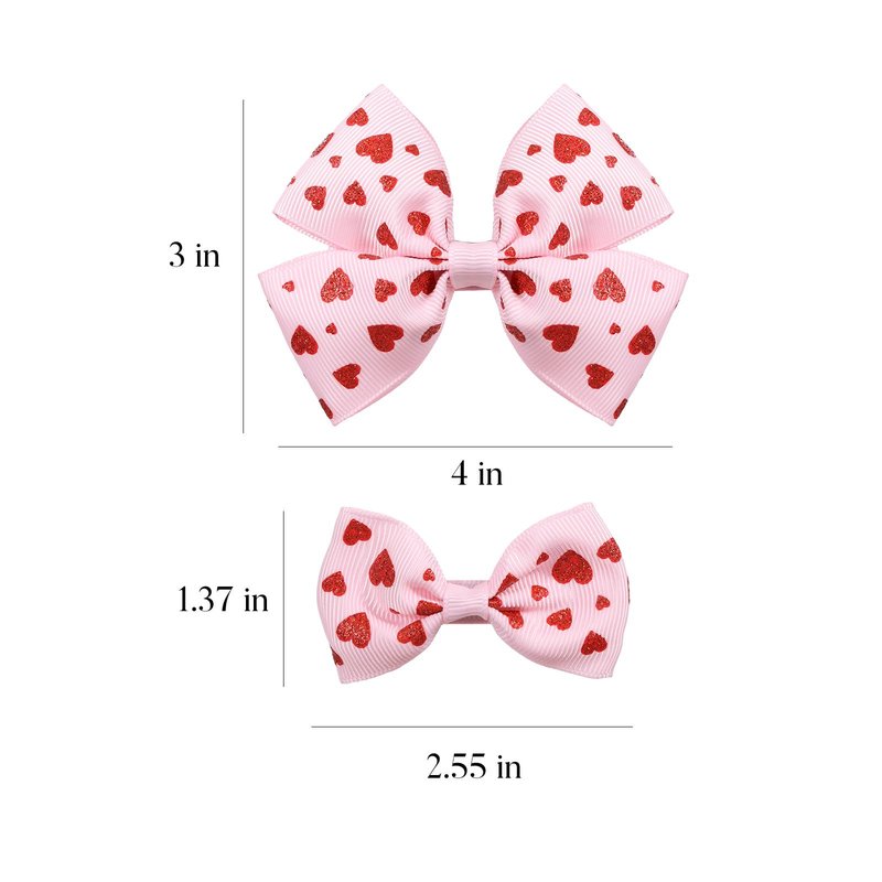 Valentines Pink Hair Bows Gift for Girls Women 4Pcs Cute Handmade Glittery Red Love Heart Ribbon Alligator Clips, Her Wedding Birthday Party Dress Decoration Accessories