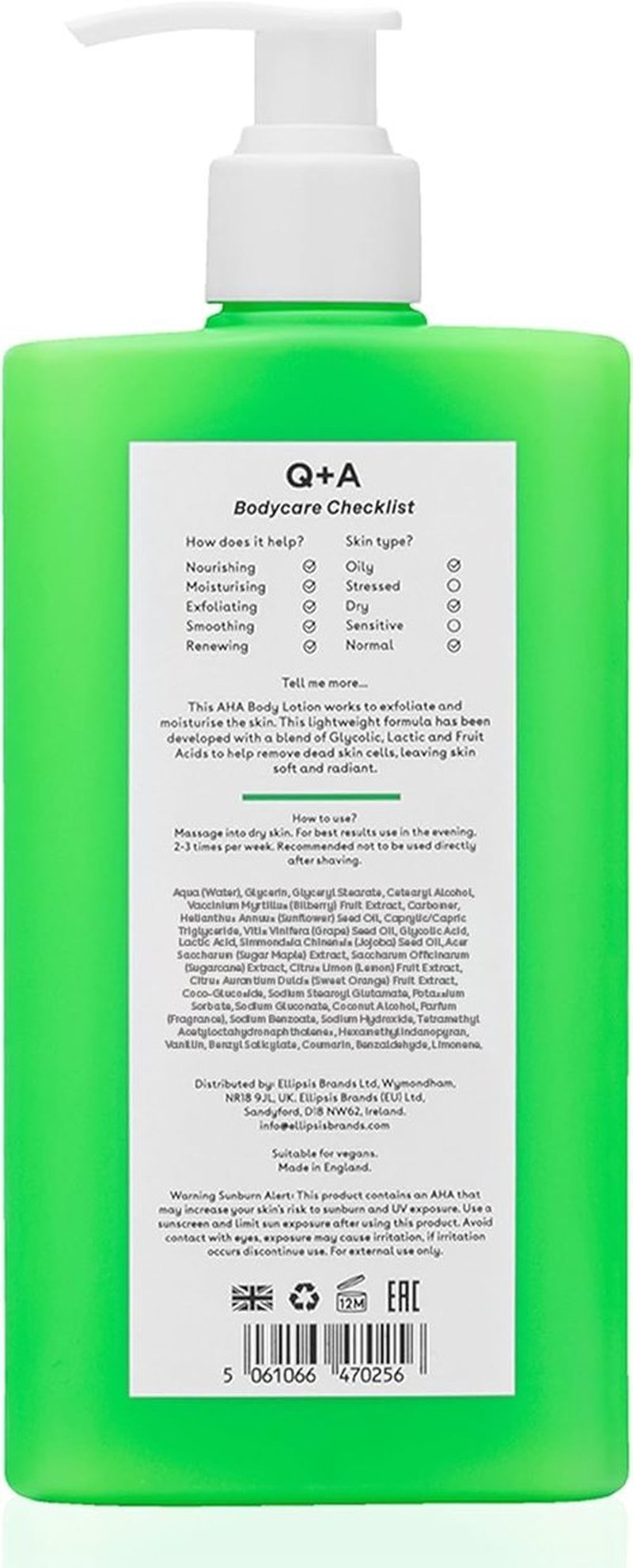 Q+A AHA Exfoliator Body Lotion (250ml), Exfoliating, Smoothing Body Moisturizer with Lactic Acid, Glycolic Acid and Fruit AHAs, Body Butter Alternative, Vegan Body Care