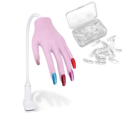 Silicone Hand for Acrylic Nails, Professional Silicone Practice Hand for Nails, Nails Never Fall Off, Flexible Bendable Acrylic Nail Practice Hand with Clear Nail Tips, Purple