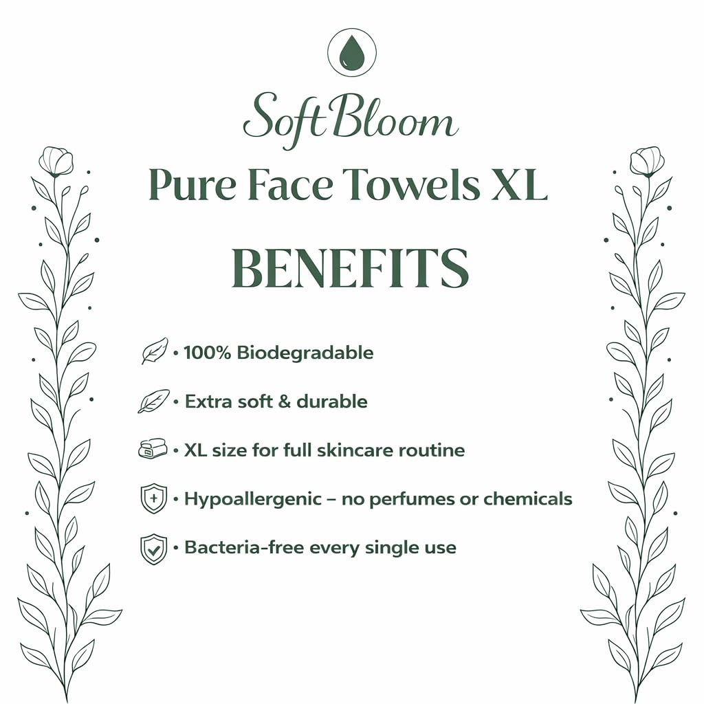 SoftBloom Disposable Face Towels XL – 50 Count Biodegradable Viscose Clean Towels for Face | Ultra Soft Single-Use Facial Towels | Sensitive & Acne-Prone Skin | Skincare, Cleansing & Makeup Removal