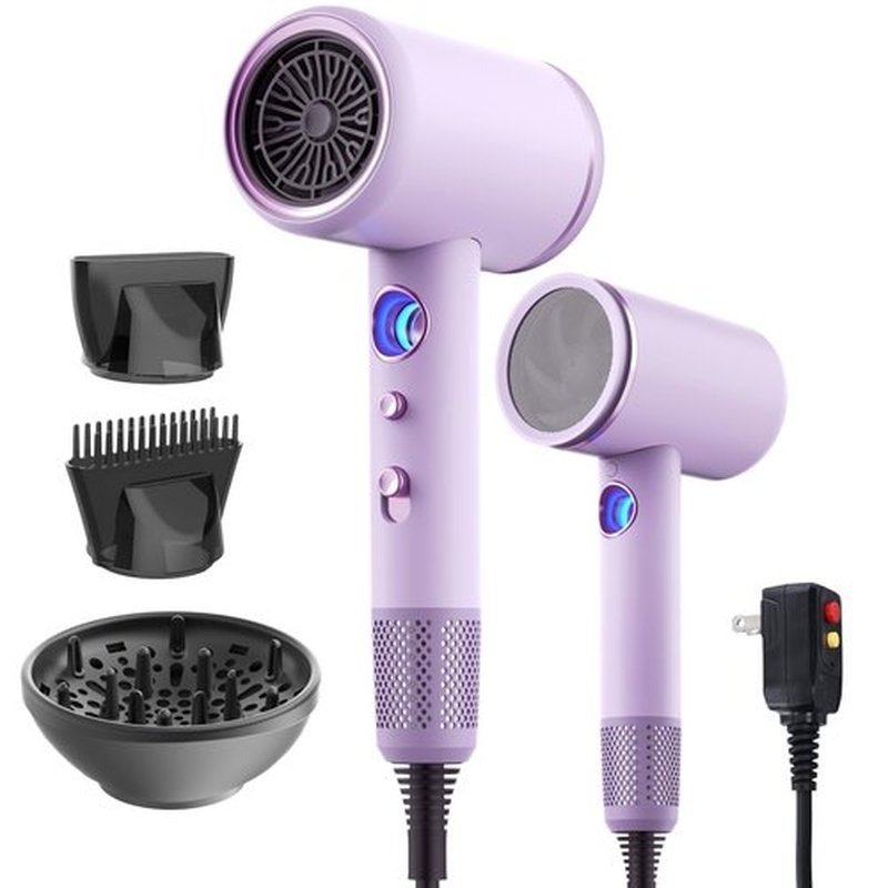 Fast-Drying Ionic Hair Dryer,1875 Watt High-Speed Ionic Blow Dryer with Diffuser/Concentrator/Comb Nozzle,LED Temp Display,Intelligent Temp Control,Low Noise for Home Salon Travel (Purple)