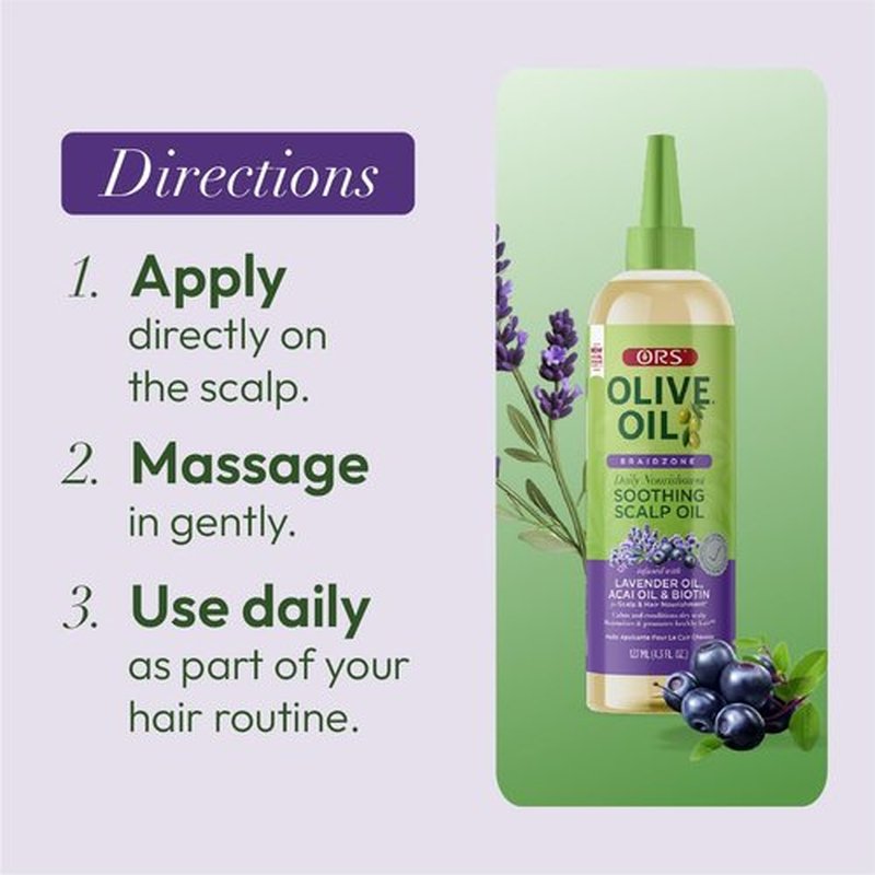 ORS Olive Oil Braidzone Soothing Scalp Oil with Lavender, Acai & Biotin for Nourishment 4.3 oz (Pack of 3)