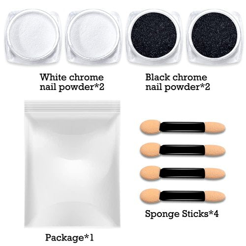 BPrettier Nail Chrome Pearl White & Black Chrome Nail Powders - 4 Jar Mermaid Glitter Art Mirror Effect Shimmery Aurora Powder for Women and Girls