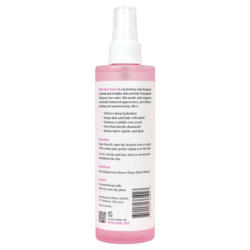 Well's Oil Rosewater Face & Hair Mist Spray (8 fl oz / 236 mL) | Floral Rosewater Hydrosol | Alcohol-Free