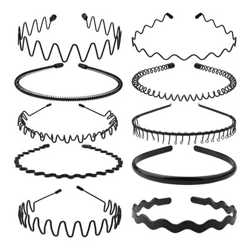 JERLITU Metal Headbands, With Teeth Hairband for Men, Womens Headbands, Unisex Black Wavy Spring Outdoor Sports, Simple Elastic Non-Slip Headwear.(10 Pcs)
