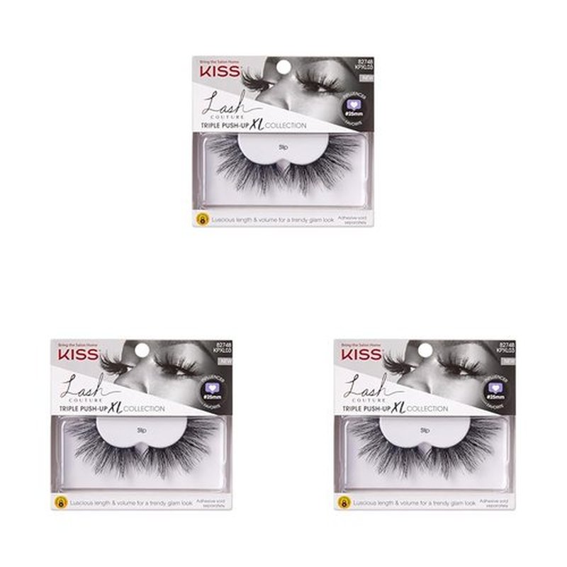 KISS Lash Couture Triple Push Up XL Collection False Eyelashes, 3D Volume in Extra Long Length with Triple Design Technology, Cruelty-Free and Reusable, Style 'Slip', 1 Pair Fake Eyelashes (Pack of 3)
