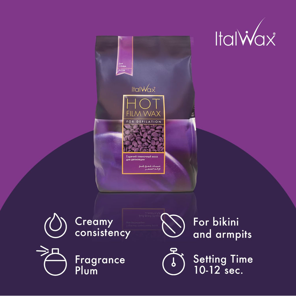 Italwax Classic Line Plum Hard Wax Beads 1.1 lb (500 g) – Long Setting Stripless Wax for Beginners & Controlled Application – Made in Italy