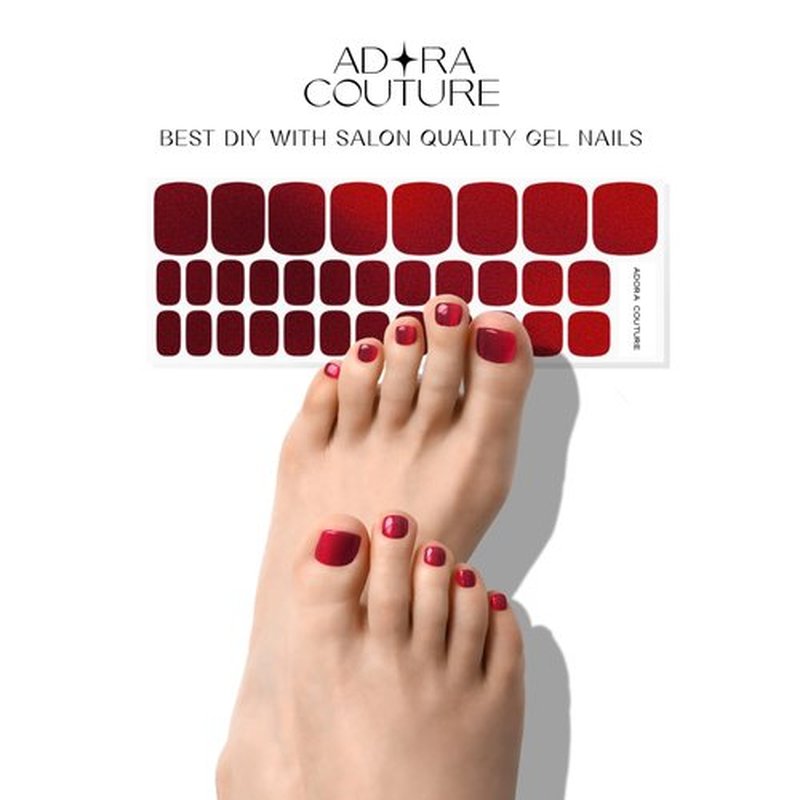 Semi Cured Gel Nail Strips – 32 Pcs Gel Pedicure Stickers - UV Nail Wraps for Toenails, Easy Application, Long Lasting, Salon Quality & UV Light Required - Red Wine P