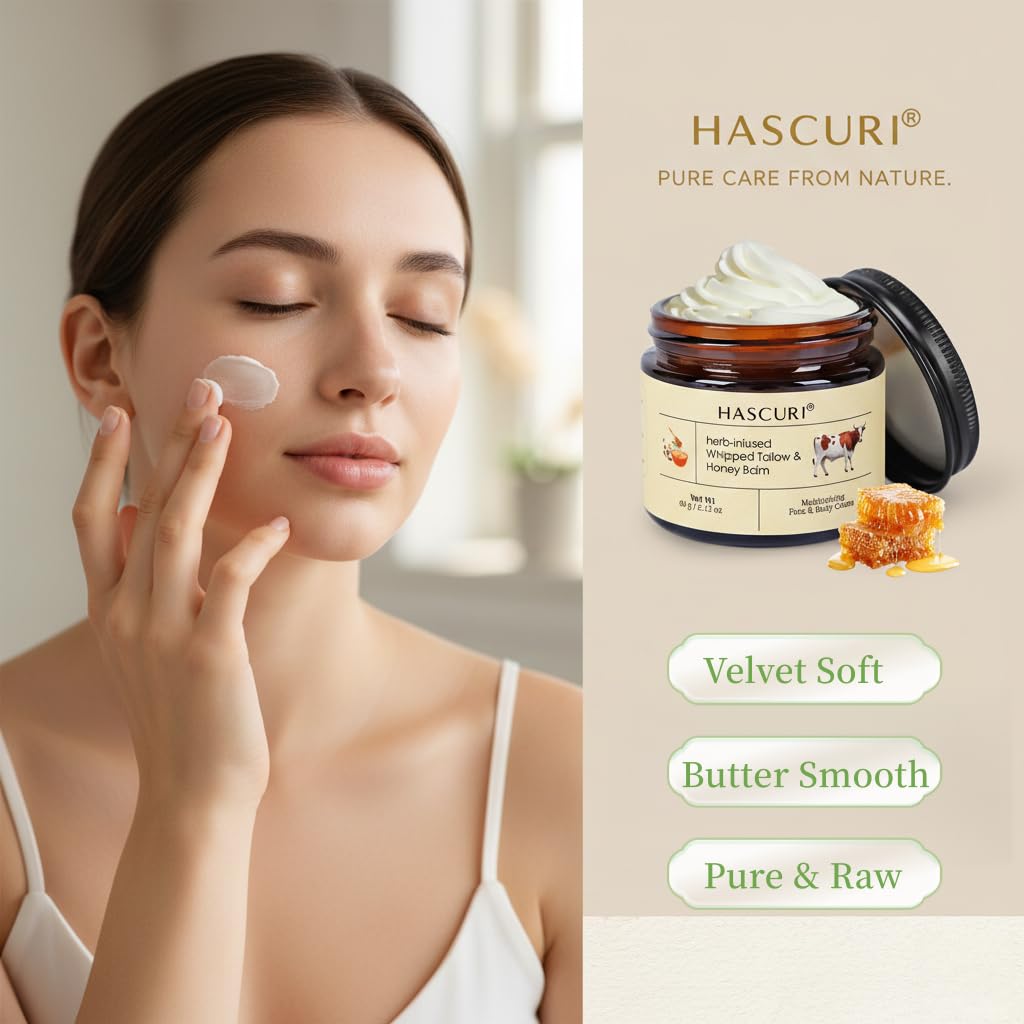 HASCURI Grass-Fed Whipped Tallow Balm - 100% Pure Beef Tallow Moisturizer for Face & Body - Rich in Vitamins E - Traditional Skin Food for Deep Hydration & Barrier Support - 2 oz