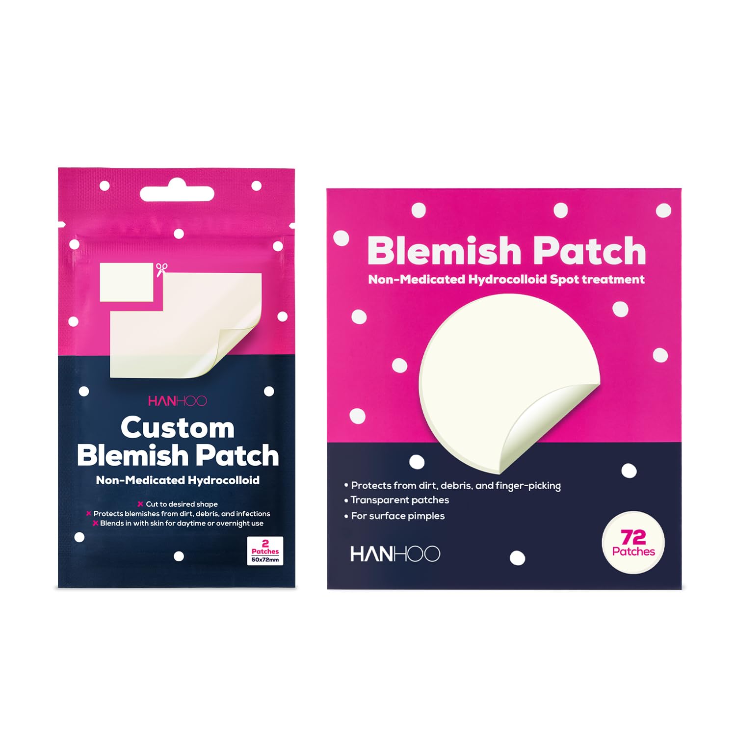 HANHOO Blemish and Custom Patch Duo | Hydrocolloid Patches for Surface Spots and Clusters | 72 Total Patches + 2 Custom Sheets