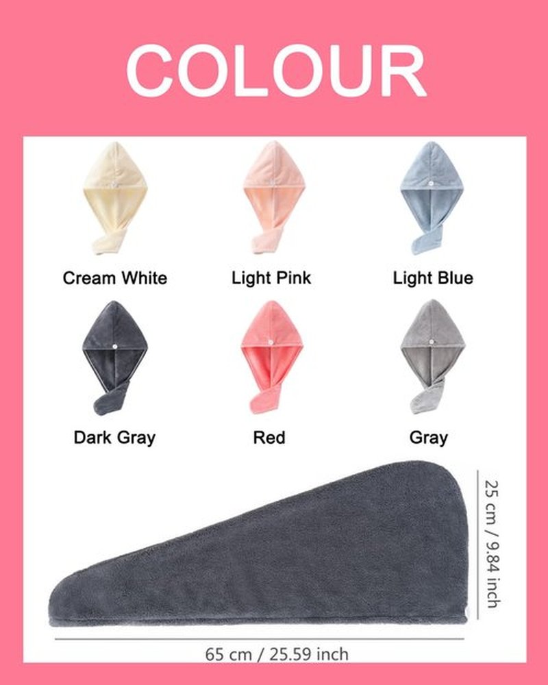 Microfiber Hair Towel Wrap for Women 6 Pack - Ultra Absorbent Fast Drying Turban with Button Closure, Anti-Frizz Design for Curly/Straight Hair, Lightweight & Machine Washable 25x65cm (6 Colors)