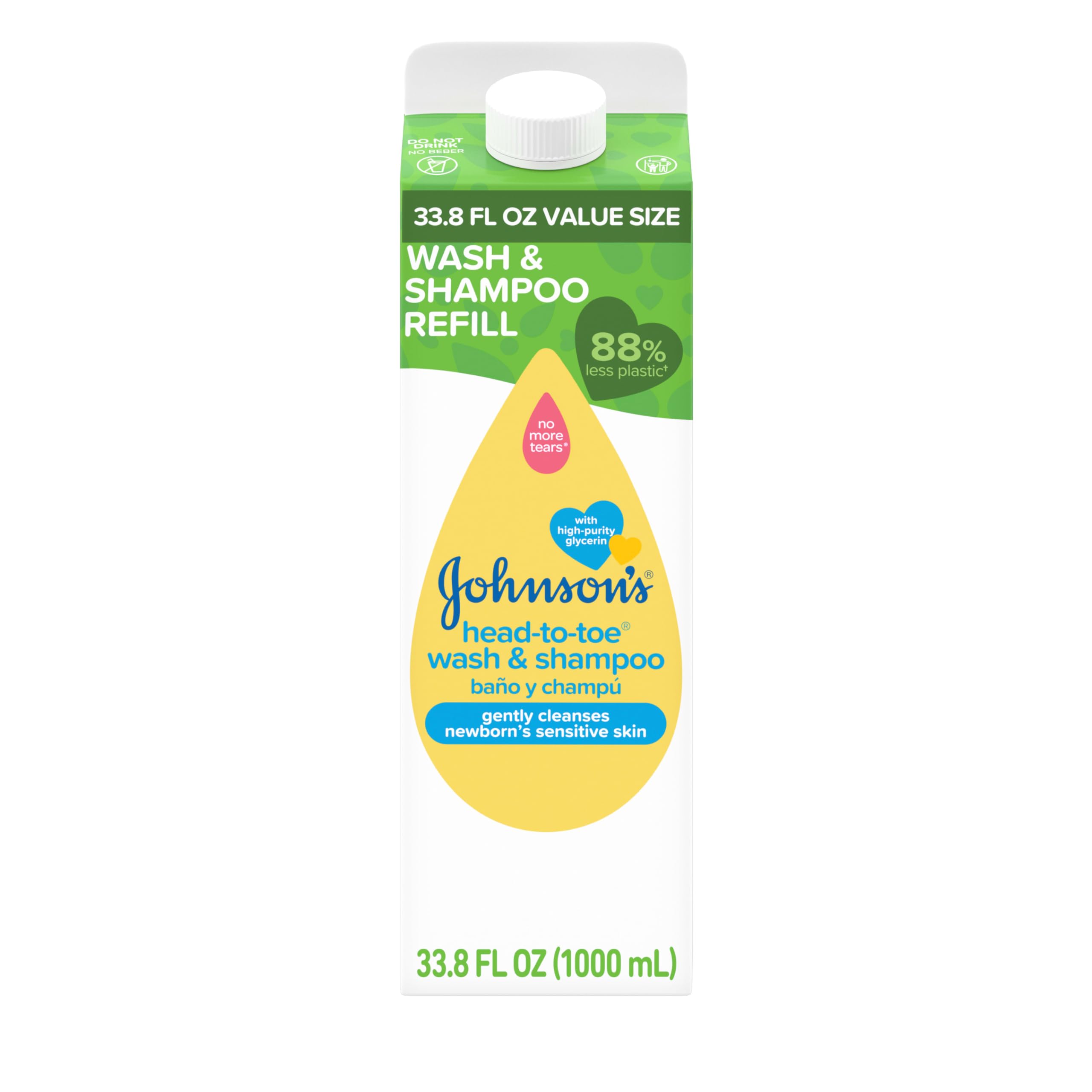 Johnson's Baby Head-To-Toe Gentle Baby Body Wash & Shampoo, Tear-Free & Hypoallergenic Baby Body Wash & Shampoo for Newborn’s Sensitive Skin & Hair, Value Size Wash Refill, 33.8 fl. oz