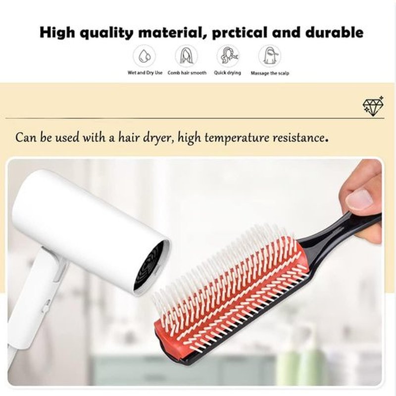 NuAngela Hair Brush - 9 Rows for Easy Cleaning, Styling & Detangling | Perfect for Curly Hair (Red)