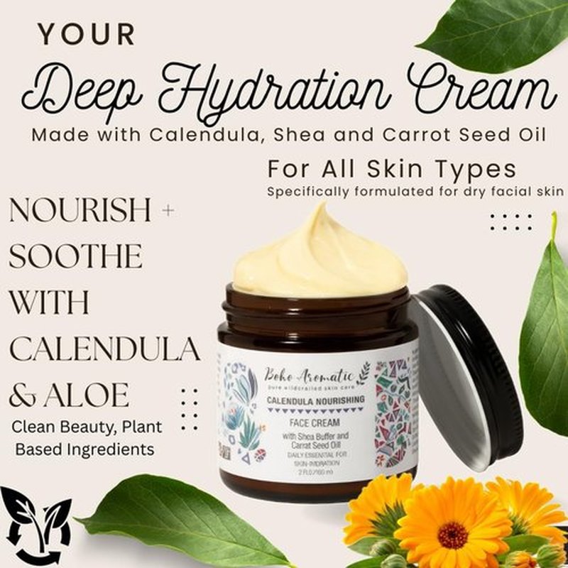 Boho Aromatic Calendula Nourishing Face Cream for Dry Skin, Natural & Organic Facial Cream, Hydrating and Moisturizing skin care product, Vegan Face Cream, calendula face cream, Facial Moisturizer