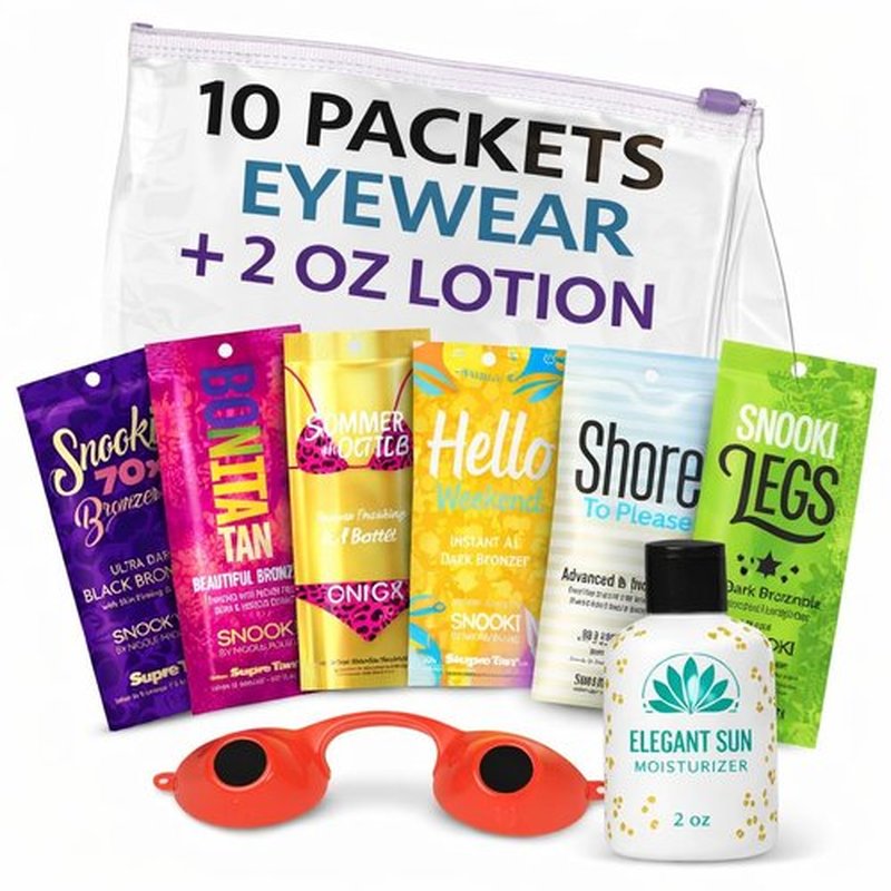 Assorted Tanning Bed Lotion (10 Packets) & EYE WEAR, Random Mix of Snooki 70X Utra Dark, Legs, Hello Weekend, Summer in a Bottle, Bonita Tan, My Beaches, Shore to Please (0.57 oz each)