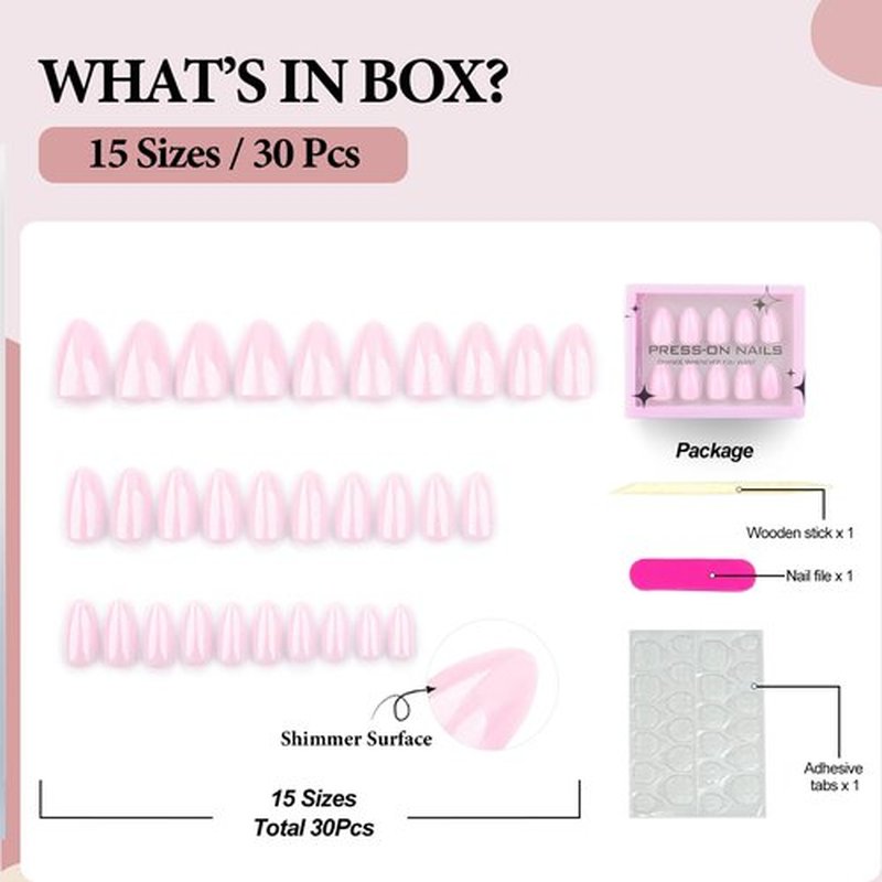 Fomkrio Solid Pink Shimmer Short Press On Nails Almond Acrylic Daily Minimalism Spring Summer Fake False Nails for Women Girls, 15 Sizes - 30Pcs Manicure Nail Kit