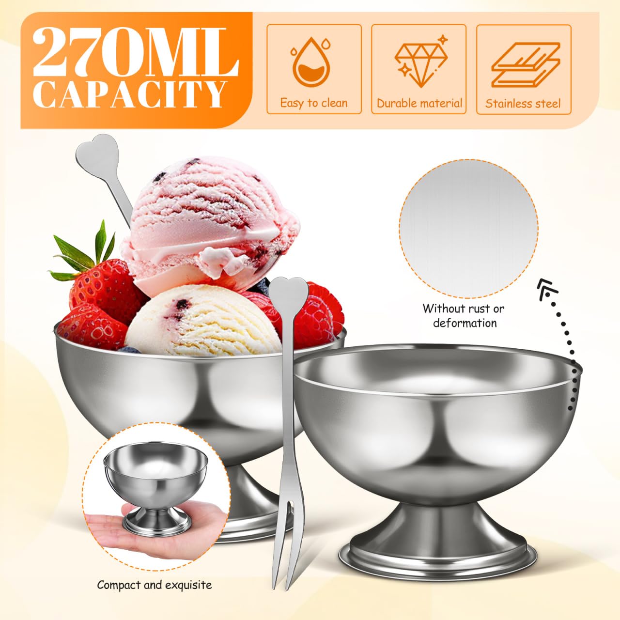 Housoutil Ice Cream Cups, 4 Pcs Stainless Steel Serving Dessert Bowls, Round Sauce Bowls, Reusable Footed Yogurt Snack Candy Cups for Cake Salad Fruit Pudding Snacks Christmas Party