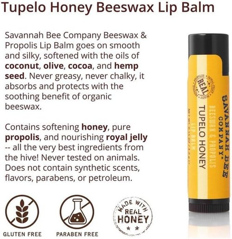 Savannah Bee Company Natural Tupelo Honey Lip Balm - Moisturizing Beeswax Formula, 0.15 oz (Pack of 4)